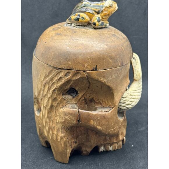 Old Hand Carved Wooden Skull Mini Humidor w Snake Japanese- App 4.5” Tall Read* - Picture 11 of 14